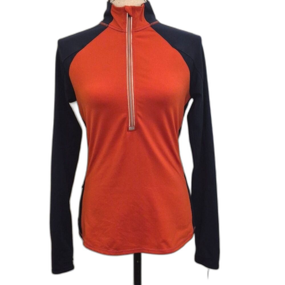 Athleta Athletic Top S Navy Orange Colorblock Half Zip Pull Over Thumbholes